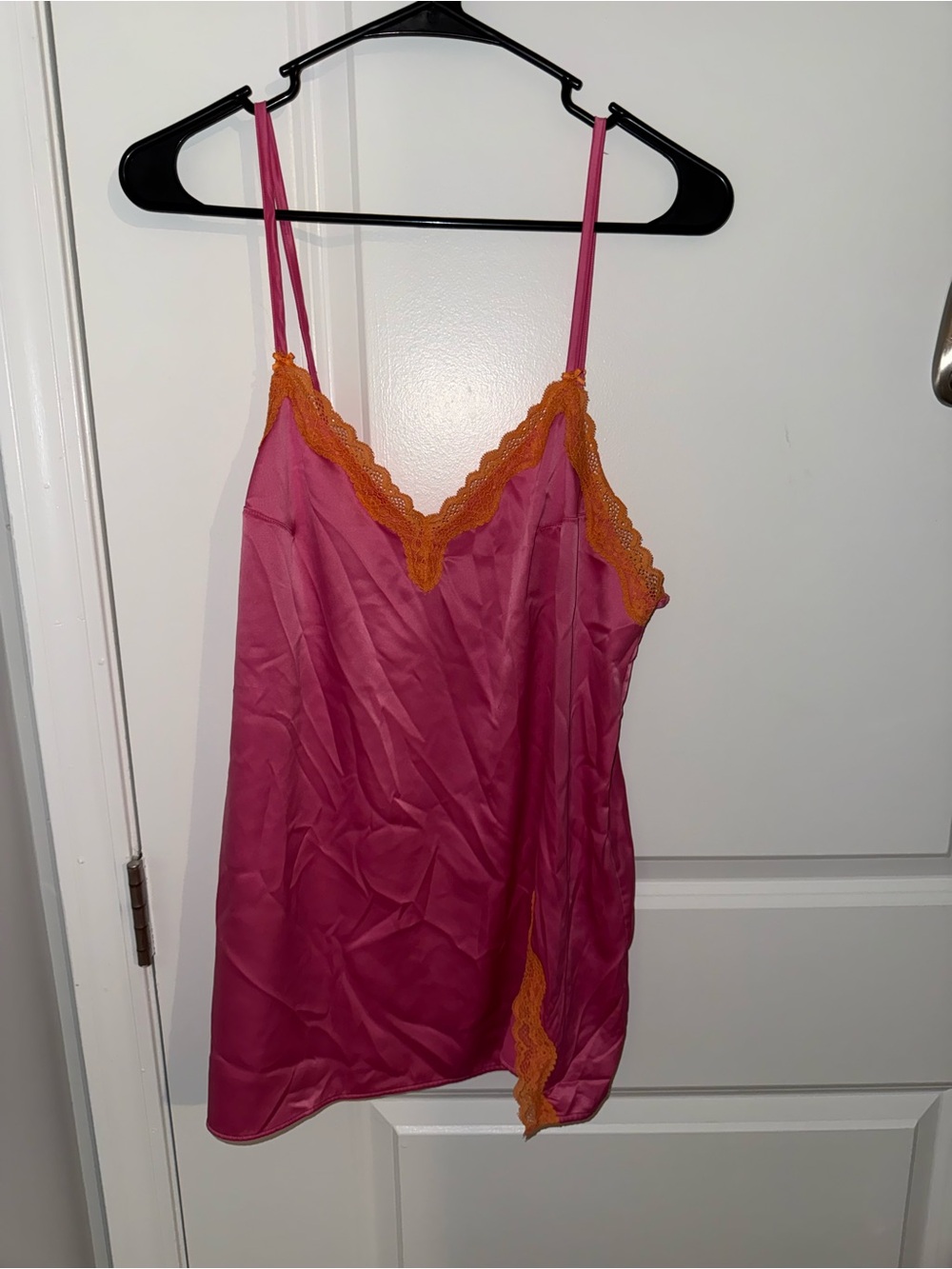 Victoria's Secret Fuchsia Satin Chemise with Orange Lace